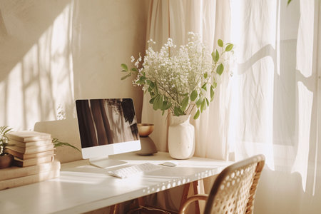 Minimalist Scandinavian Interior Home Office Room Plants in Vase, Home Workstation Chair and Sunlight from windowの素材