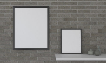 White Frame Mockup with vases on a gray wall backgroundの写真素材