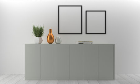 White Frame Mockup with vases on a gray wall background