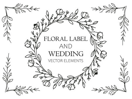 Floral wreath frame. Hand drawn vector illustration. Design elements for wedding invitations, save the date cards, posters, banners.のイラスト素材