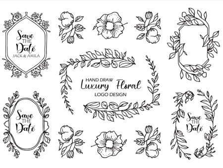Vector set of hand drawn doodle floral frames and design elements.のイラスト素材