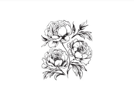 Hand drawn peony flowers. Black and white sketch. Vector illustration.のイラスト素材