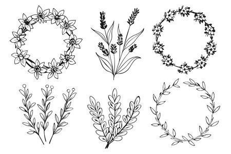 Set of hand drawn floral wreaths. Vector design elements.のイラスト素材