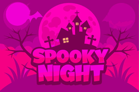 Spooky night background with haunted house and full moon, vector illustrationのイラスト素材