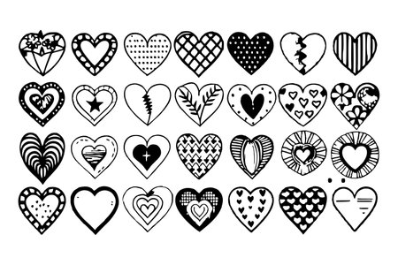 Set of hand drawn hearts. Vector illustration. Black and white.のイラスト素材