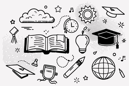 Set of school doodle icons. Vector illustration in outline styleのイラスト素材