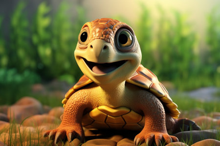 3d rendering of a cute baby turtle sitting on a rock.の素材