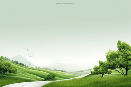 Beautiful landscape with green meadow and mountain. Vector illustration.の素材