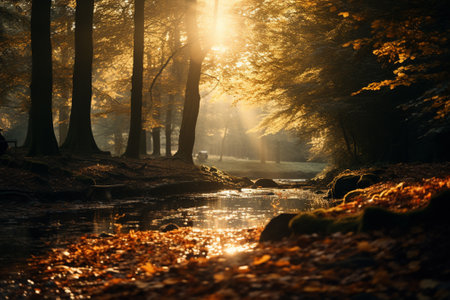 Beautiful autumn landscape with river and sunbeams in the forest