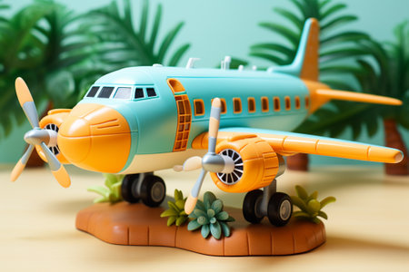 Plastic toy airplane on the background of tropical plants. Minimal concept.の素材
