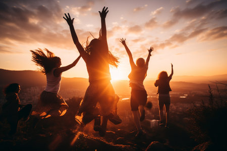 Silhouette of a group of friends jumping on top of a mountain at sunsetの素材