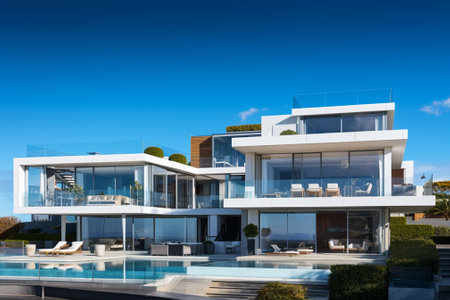 Modern house with swimming pool, white villa, blue sky backgroundの素材