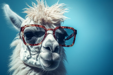 Portrait of a funny llama with red glasses on blue backgroundの素材