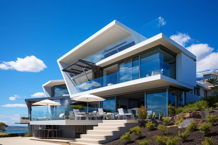 Luxury modern house on the beach with blue sky. Nobody insideの素材