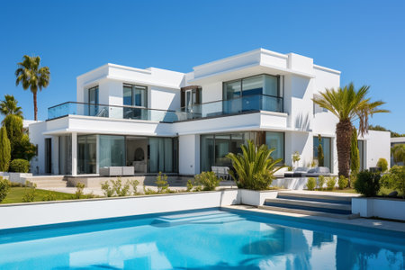 Modern white house with swimming pool and palm trees in a sunny summer dayの素材