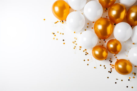 Celebration background with gold and white balloons and confetti.の素材