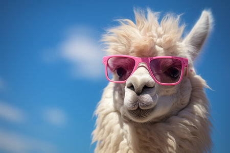 Cute alpaca wearing pink sunglasses on blue sky background.の素材