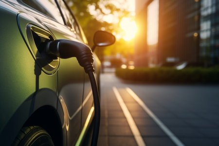 Charging an electric car in the city, close-up.の素材