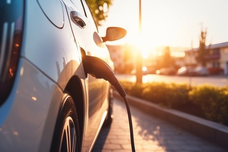 Charging an electric car in the city at sunset, close-upの素材