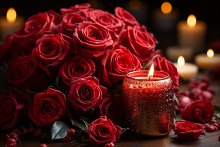 Beautiful red roses and burning candles on wooden table, closeupの素材