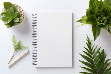 Top view of blank notepad with plant and pencil on white backgroundの素材