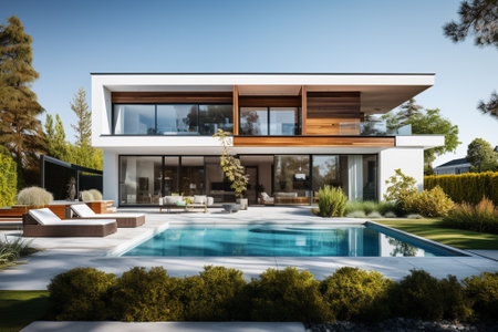 3d rendering of modern cozy house with pool and parking for sale or rentの素材