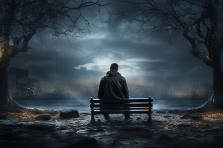 Man sitting on a bench in the foggy park. Halloween concept.の素材