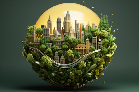 Green city in a sphere. 3D rendering. 3D illustration.の素材