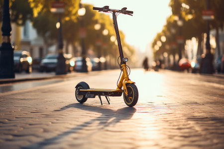 Electric scooter on the street in the rays of the setting sunの素材