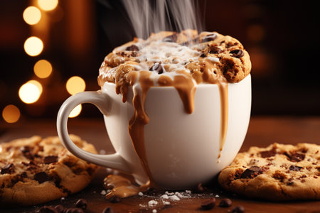 Cup of hot chocolate with cookies on wooden table on Christmas lights backgroundの素材
