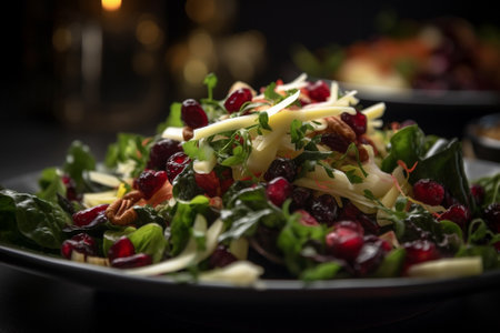Salad with cranberries, cheese and walnuts on black backgroundの素材