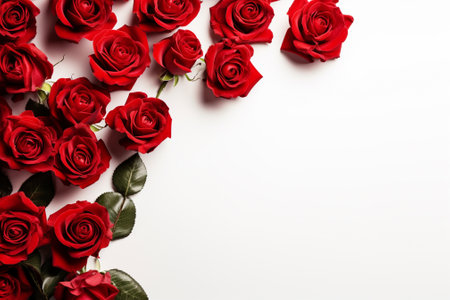 Red roses on white background. Valentines day background. Flat lay, top viewの素材
