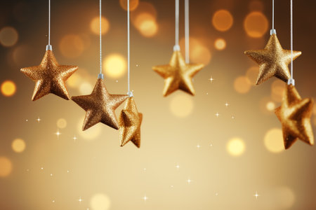 Christmas decoration with golden stars on a golden background with bokehの素材