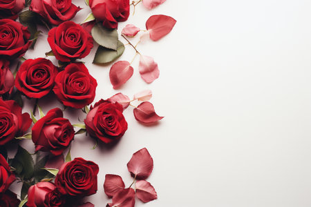 Beautiful red roses on white background, flat lay. Space for textの素材