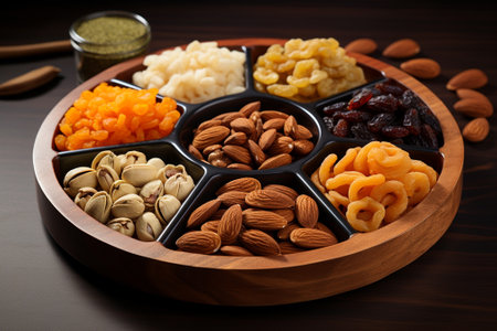 Various dried fruits and nuts in wooden bowl on dark wooden background.の素材