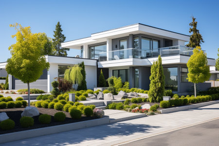 Modern house with garden and driveway.の素材