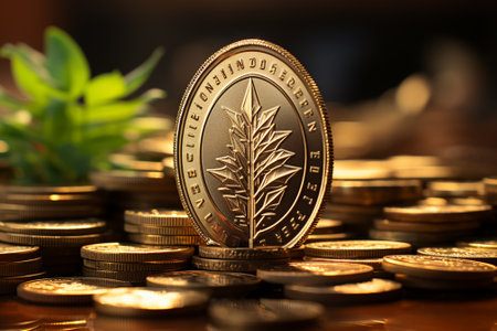Coins with leaves on table, closeup. Cryptocurrency conceptの素材
