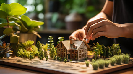 Miniature model of house and succulent plants on wooden table.の素材