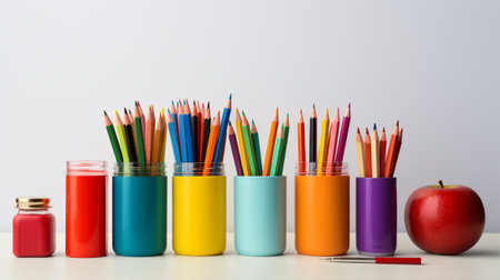 Colorful pencils and apple in glass jars on table against white backgroundの素材