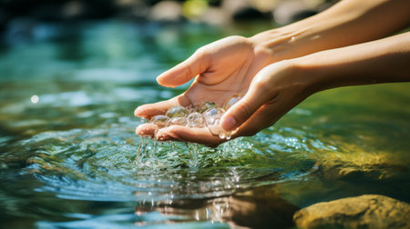 Closeup of woman's hands holding water drops in the river.の素材