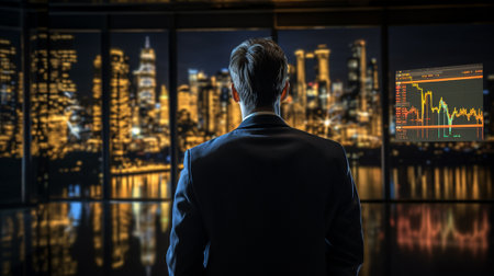 Back view of young businessman looking at night city and skyscrapersの素材