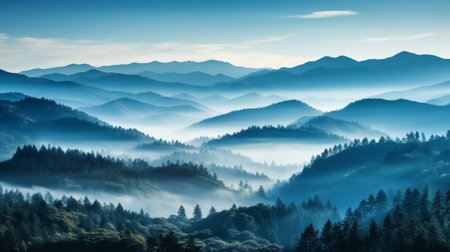 Foggy morning in the mountains. Landscape with fog.の素材