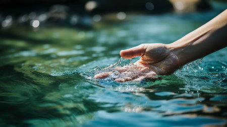 Close up of woman's hand holding water in the river with bokeh backgroundの素材