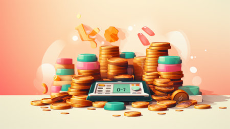 Coins and tablets with scales. 3d illustration.の素材