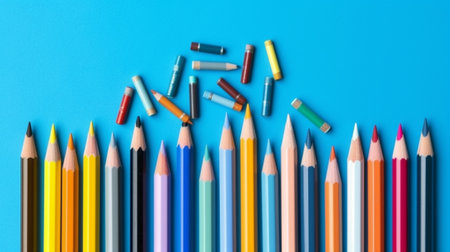 Colorful pencils on blue background. Back to school concept.の素材