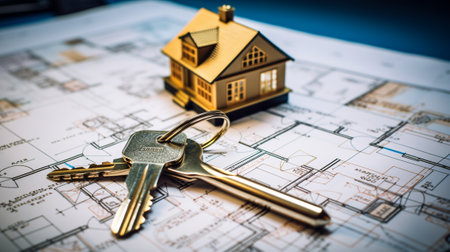 House keys with house model on blueprints, real estate concept.の素材