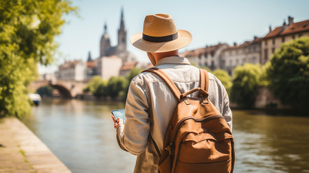 Traveler with backpack and hat looking at smartphoneの素材