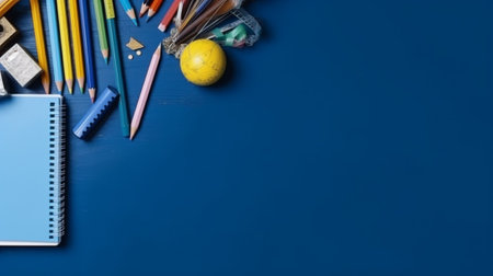 School supplies on a blue background. Back to school. Copy space.の素材