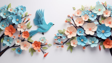 Paper flowers and blue bird on white background. 3d rendering.の素材