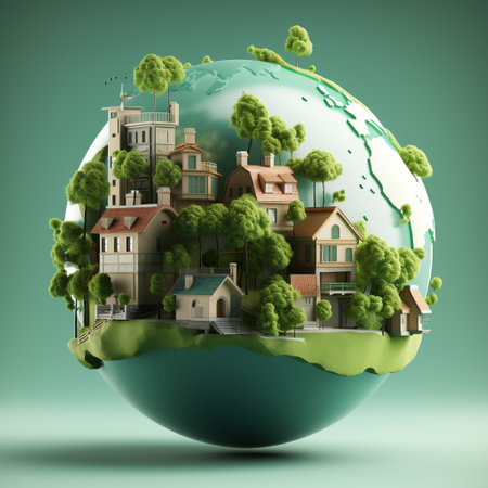 Earth planet with houses and trees. Eco friendly concept. 3D renderingの素材